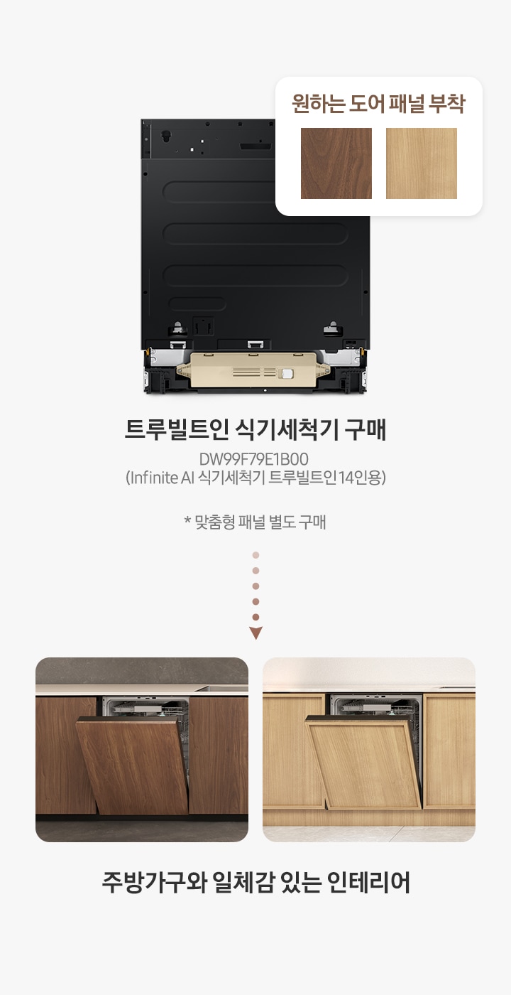 패널이 미제공되는 트루빌트인 식기세척기를 구매하여 원하는 도어 패널을 부착하면 주방가구와 일체감있는 인테리어를 완성할 수 있다는 내용을 설명하는 이미지입니다. 예시 이미지 모델명 : DW99F79E1B00 (Infinite AI 식기세척기 트루빌트인 14인용) * 맞춤형 패널 별도 구매